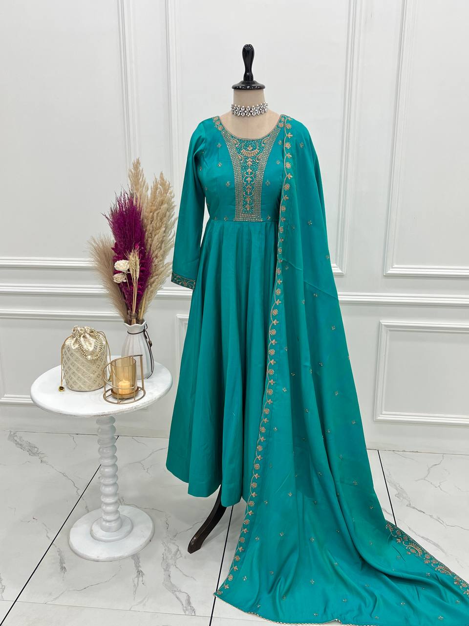 Premium Roman Shimmer Chanderi Silk With Beads Work Ready To Wear Anarkali Gown