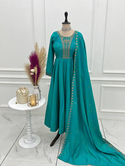 Premium Roman Shimmer Chanderi Silk With Beads Work Ready To Wear Anarkali Gown