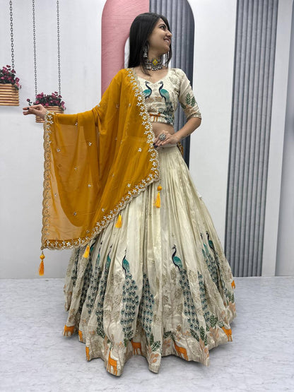 PURE TISSUE SILK PEACOCK WORK FULL READY MADE LEHENGA CHOLI
