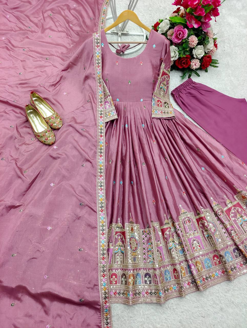 Red Color Coding Dori Work With Chinon Silk Gown