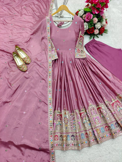 Red Color Coding Dori Work With Chinon Silk Gown