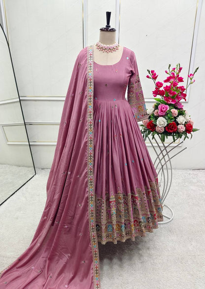 Red Color Coding Dori Work With Chinon Silk Gown