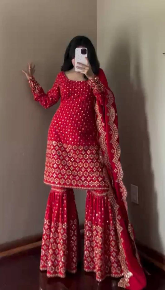 Maroon Color Foux Georgette Thread Sequience Work Top Sharara