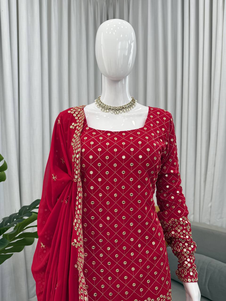 Maroon Color Foux Georgette Thread Sequience Work Top Sharara