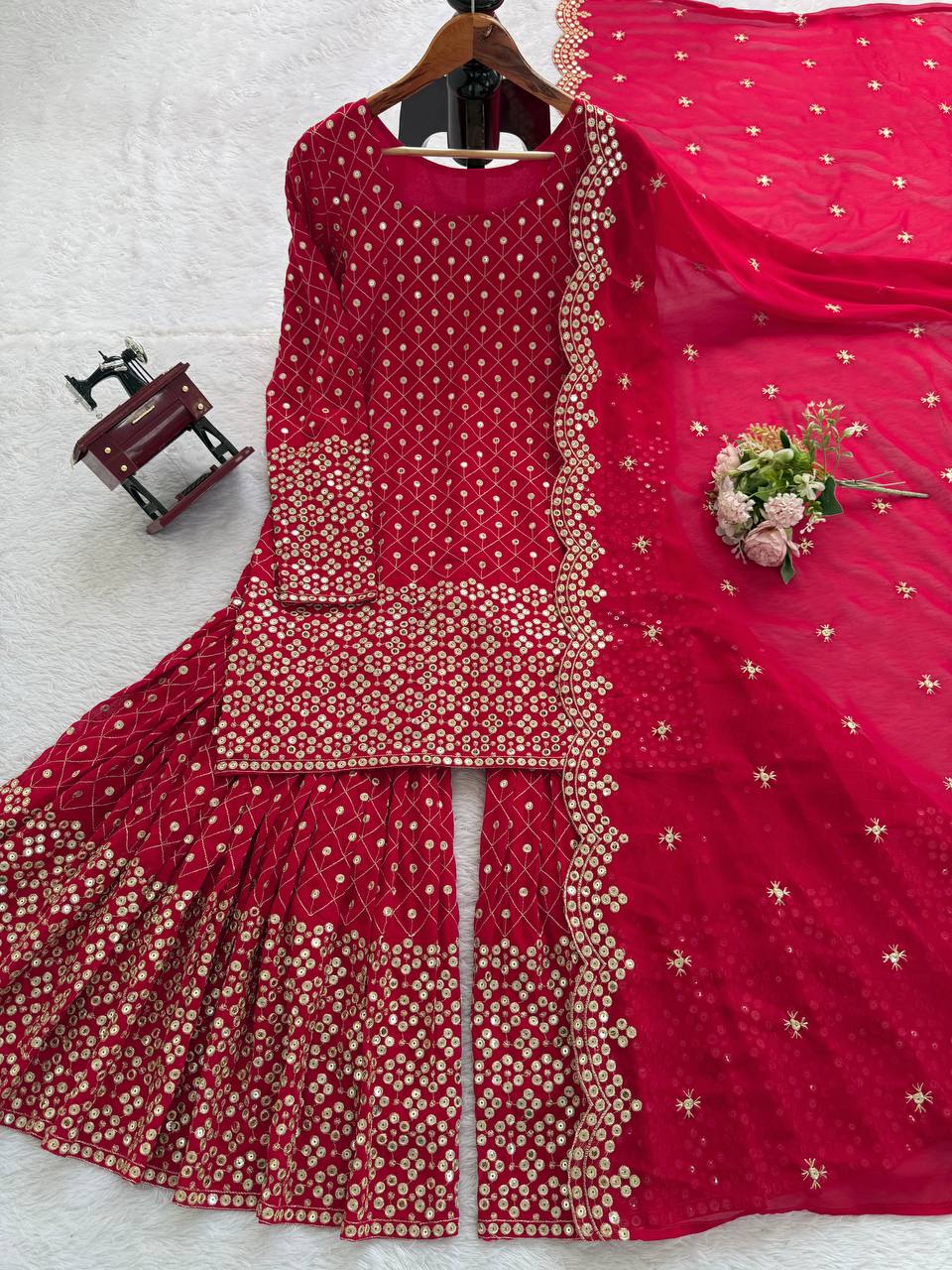 Maroon Color Foux Georgette Thread Sequience Work Top Sharara
