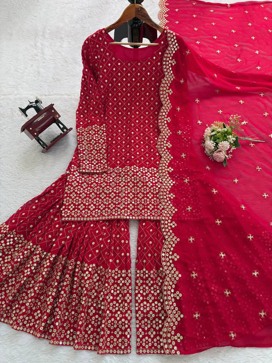 Maroon Color Foux Georgette Thread Sequience Work Top Sharara