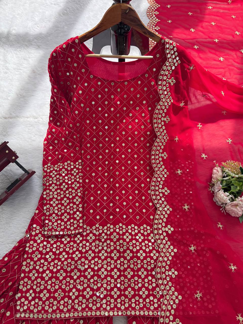Maroon Color Foux Georgette Thread Sequience Work Top Sharara