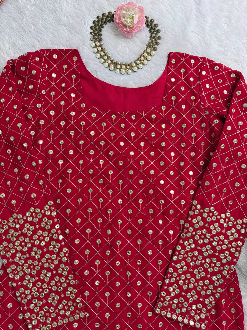 Maroon Color Foux Georgette Thread Sequience Work Top Sharara