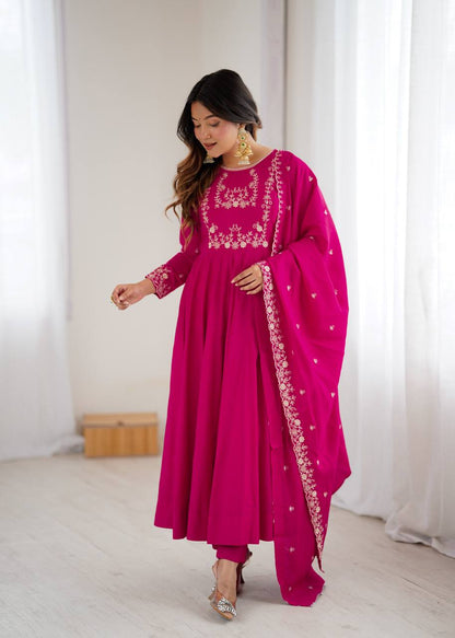Premium Roman Shimmer Chanderi Silk With Beads Work Ready To Wear Anarkali Gown