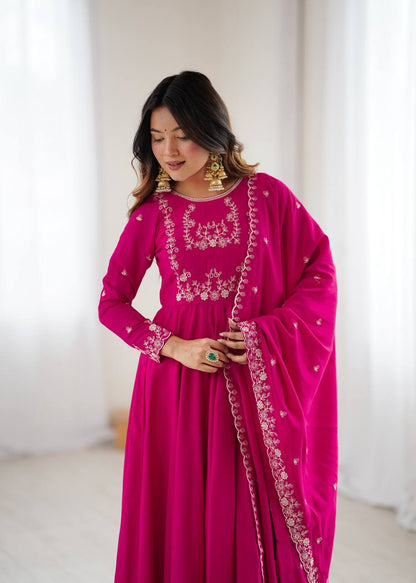 Premium Roman Shimmer Chanderi Silk With Beads Work Ready To Wear Anarkali Gown