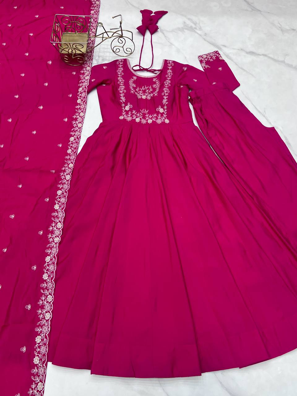 Premium Roman Shimmer Chanderi Silk With Beads Work Ready To Wear Anarkali Gown