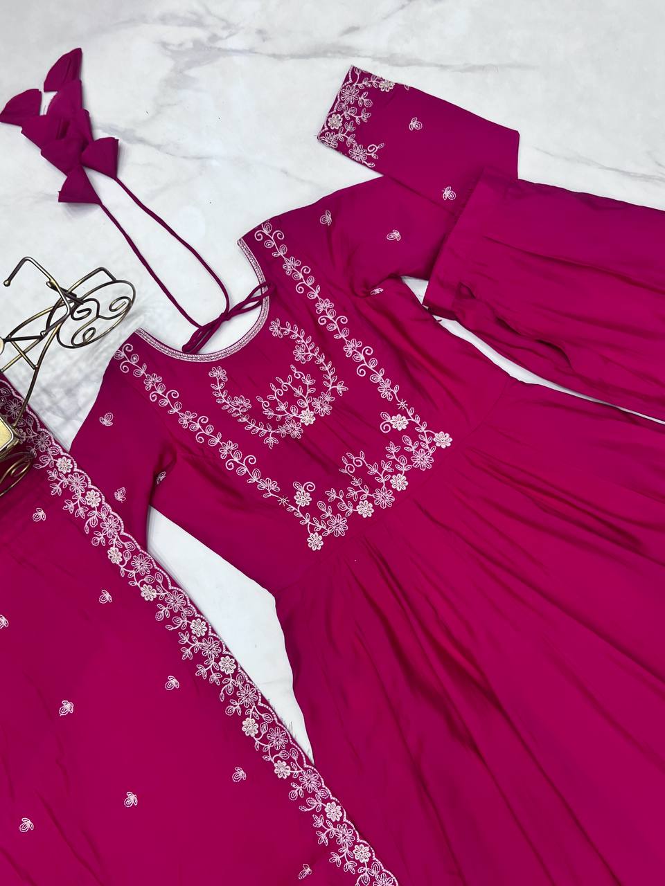Premium Roman Shimmer Chanderi Silk With Beads Work Ready To Wear Anarkali Gown