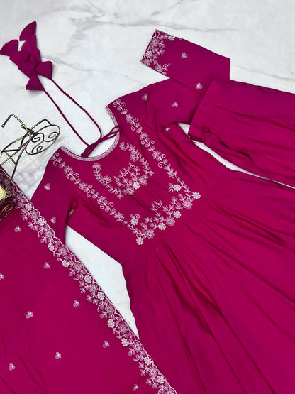 Premium Roman Shimmer Chanderi Silk With Beads Work Ready To Wear Anarkali Gown