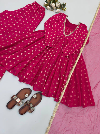 Jacquard Chandheri Real Mirror Work Top Bottom