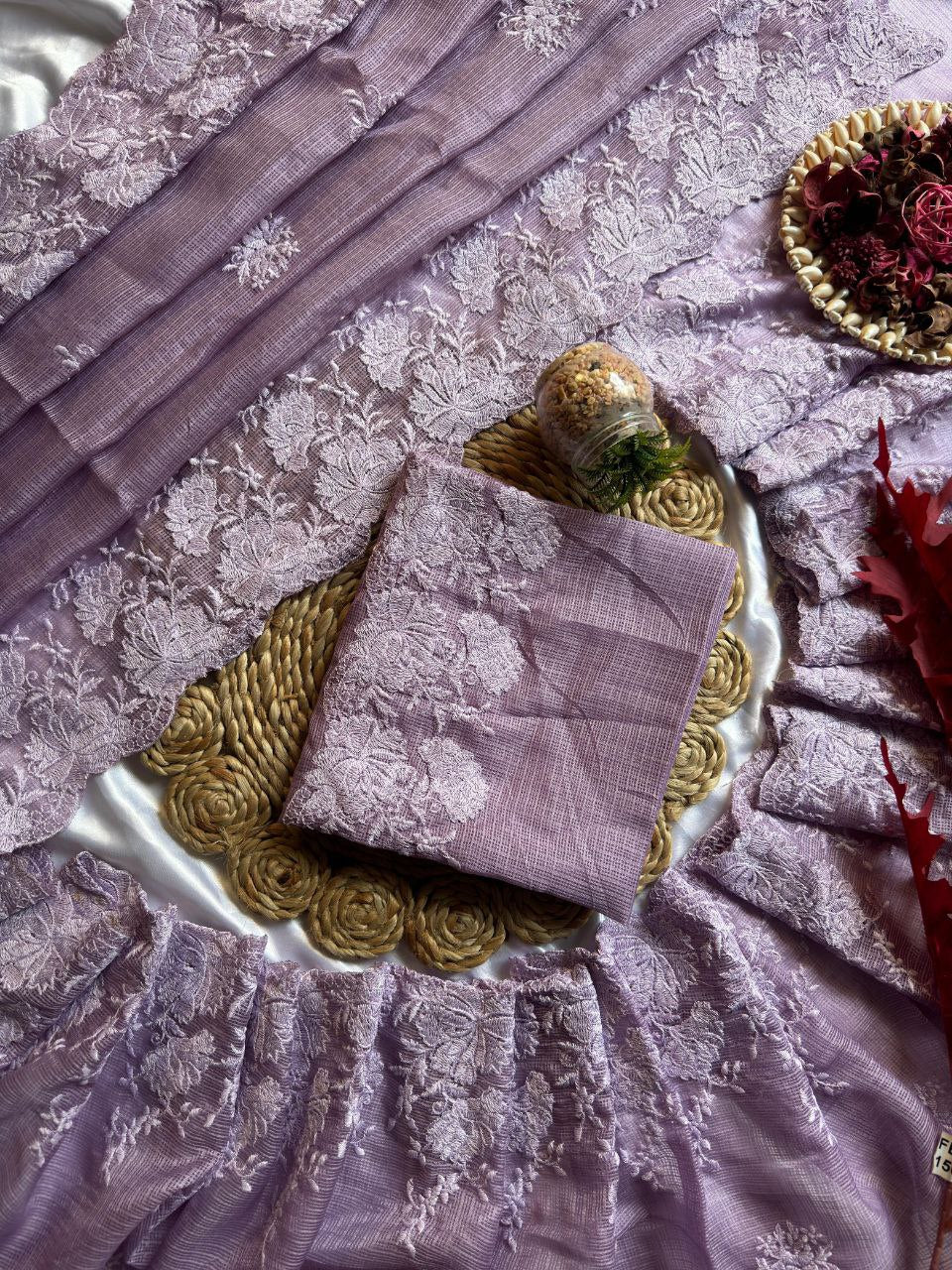 Pure Soft Kota Doriya Tone To Tone Multy Thread Work And Cutwork Saree