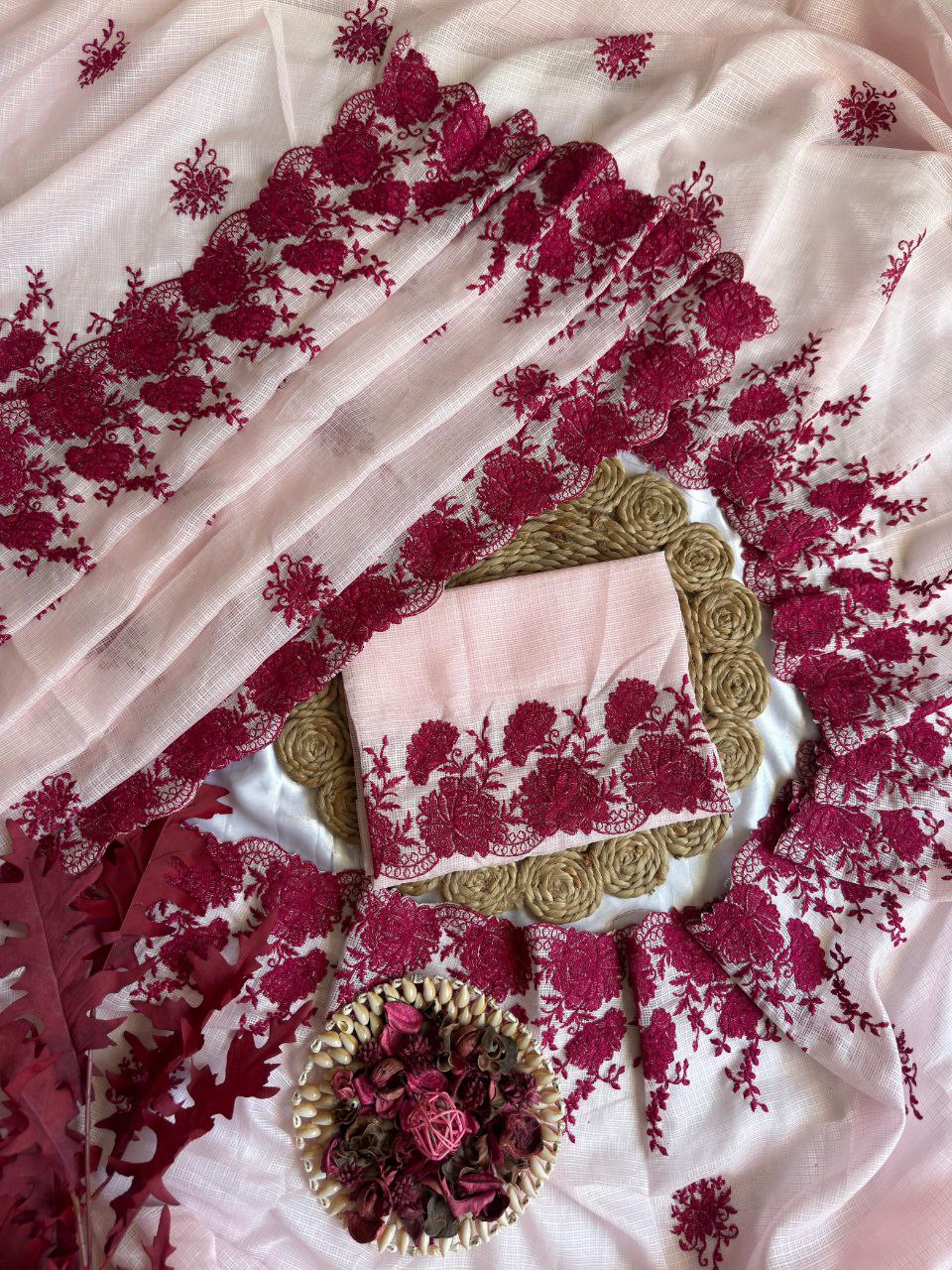 Pure Soft Kota Doriya Tone To Tone Multy Thread Work And Cutwork Saree