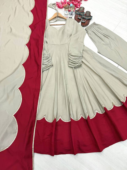 Pure Roman Silk Gown with Embroidery, Tassels & Fancy Sleeves