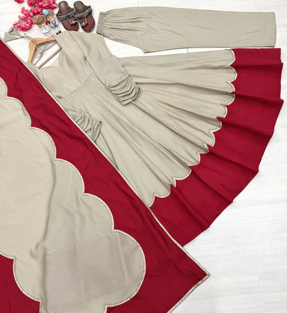 Pure Roman Silk Gown with Embroidery, Tassels & Fancy Sleeves