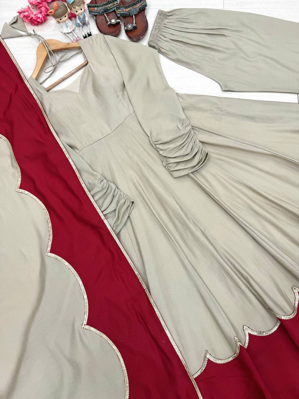 Pure Roman Silk Gown with Embroidery, Tassels & Fancy Sleeves
