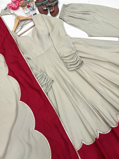 Pure Roman Silk Gown with Embroidery, Tassels & Fancy Sleeves