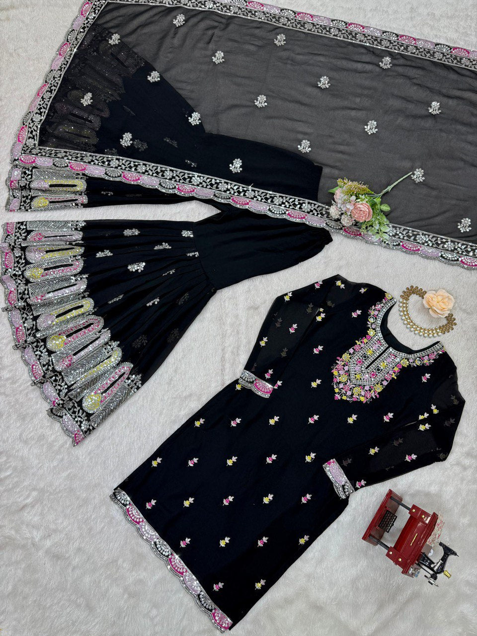 Faux Georgette Thread With Sequence Work Top Plazzo