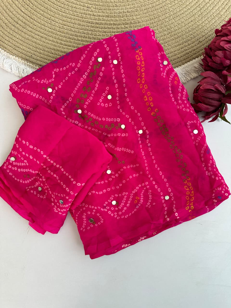 Moss Crepe Mirror Work Saree Set