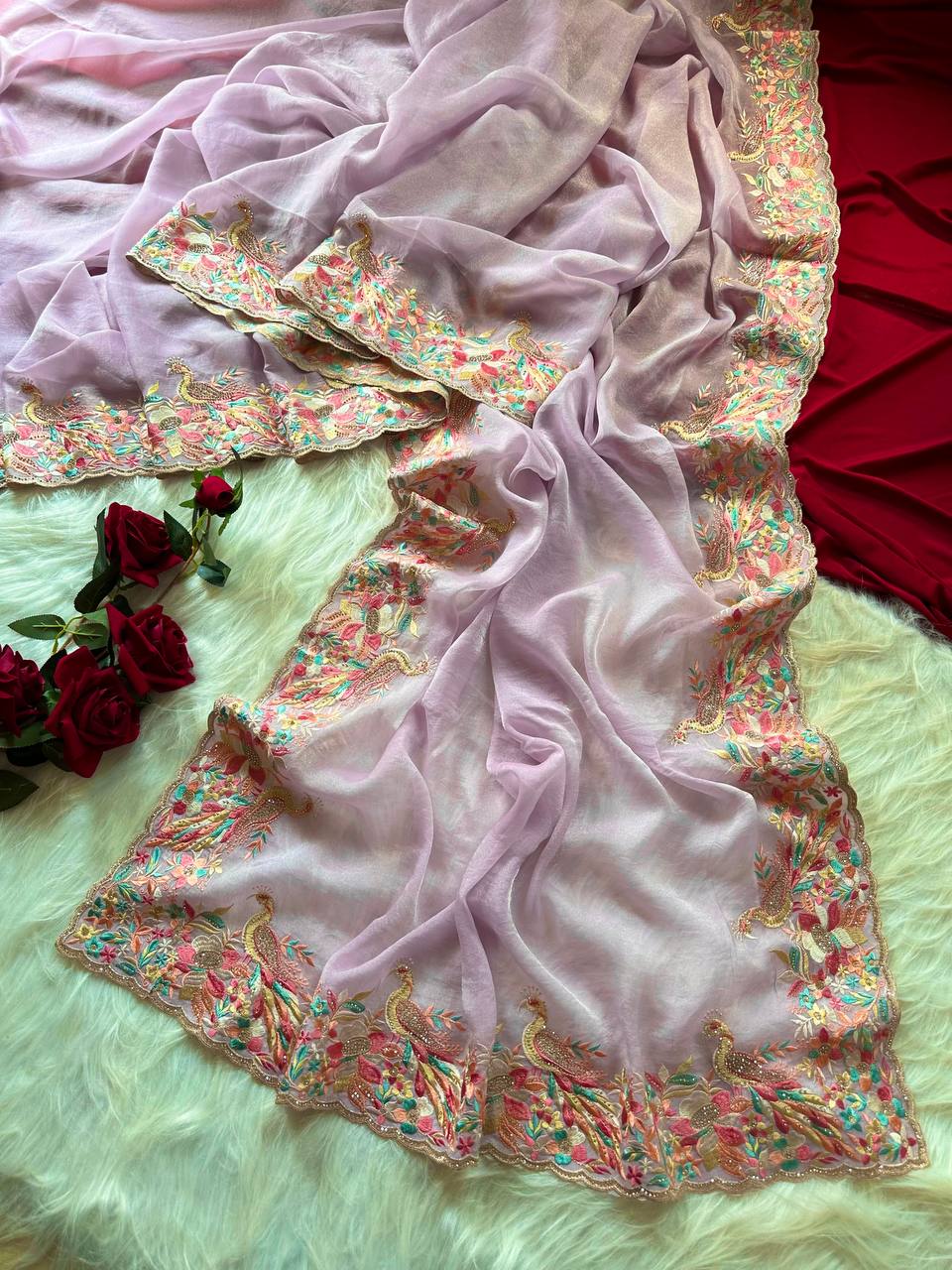 Beautiful Soft Rich Premium Moss Chiffon Silk With Multi-Color Embroidery Work Saree