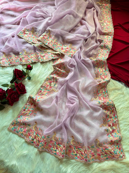 Beautiful Soft Rich Premium Moss Chiffon Silk With Multi-Color Embroidery Work Saree