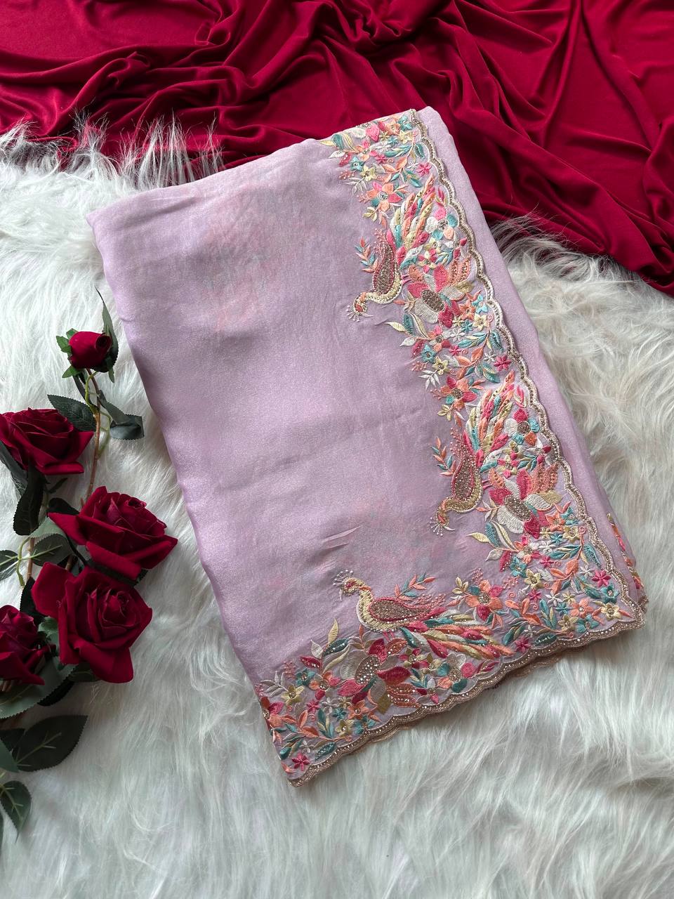 Beautiful Soft Rich Premium Moss Chiffon Silk With Multi-Color Embroidery Work Saree