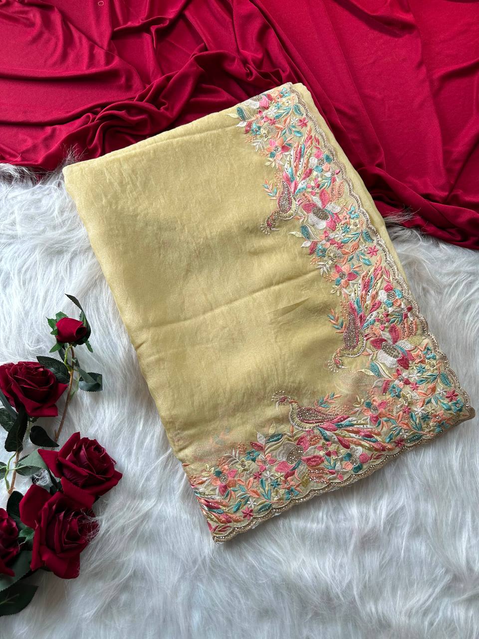 Beautiful Soft Rich Premium Moss Chiffon Silk With Multi-Color Embroidery Work Saree