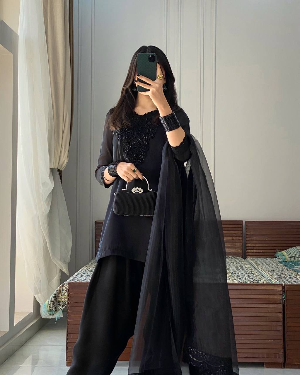Black Color Embroidery Work Top Plazzo