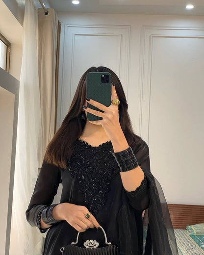 Black Color Embroidery Work Top Plazzo