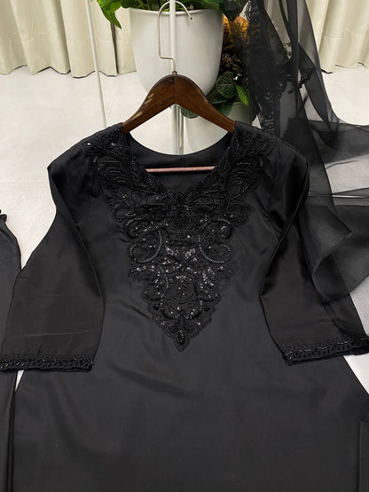 Black Color Embroidery Work Top Plazzo