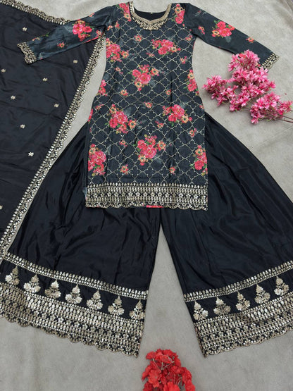 Chinon Silk With Digital Printed & Embriodery Sequence Design Work Top Sharara