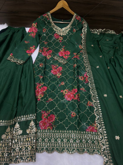 Chinon Silk With Digital Printed & Embriodery Sequence Design Work Top Sharara