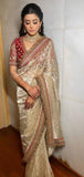 Beige Color Soft Twil Net Sequience Work Saree