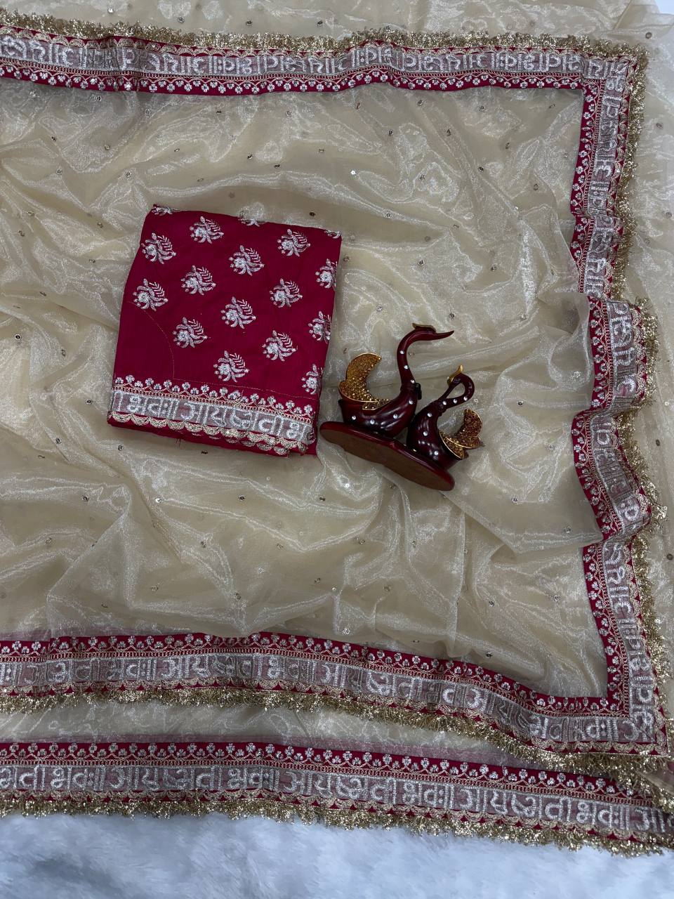 Beige Color Soft Twil Net Sequience Work Saree