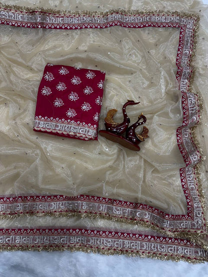 Beige Color Soft Twil Net Sequience Work Saree