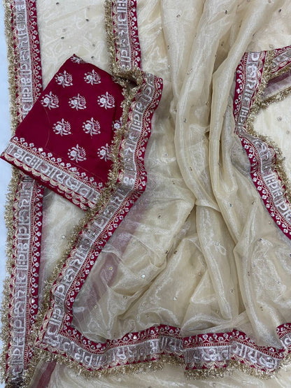 Beige Color Soft Twil Net Sequience Work Saree