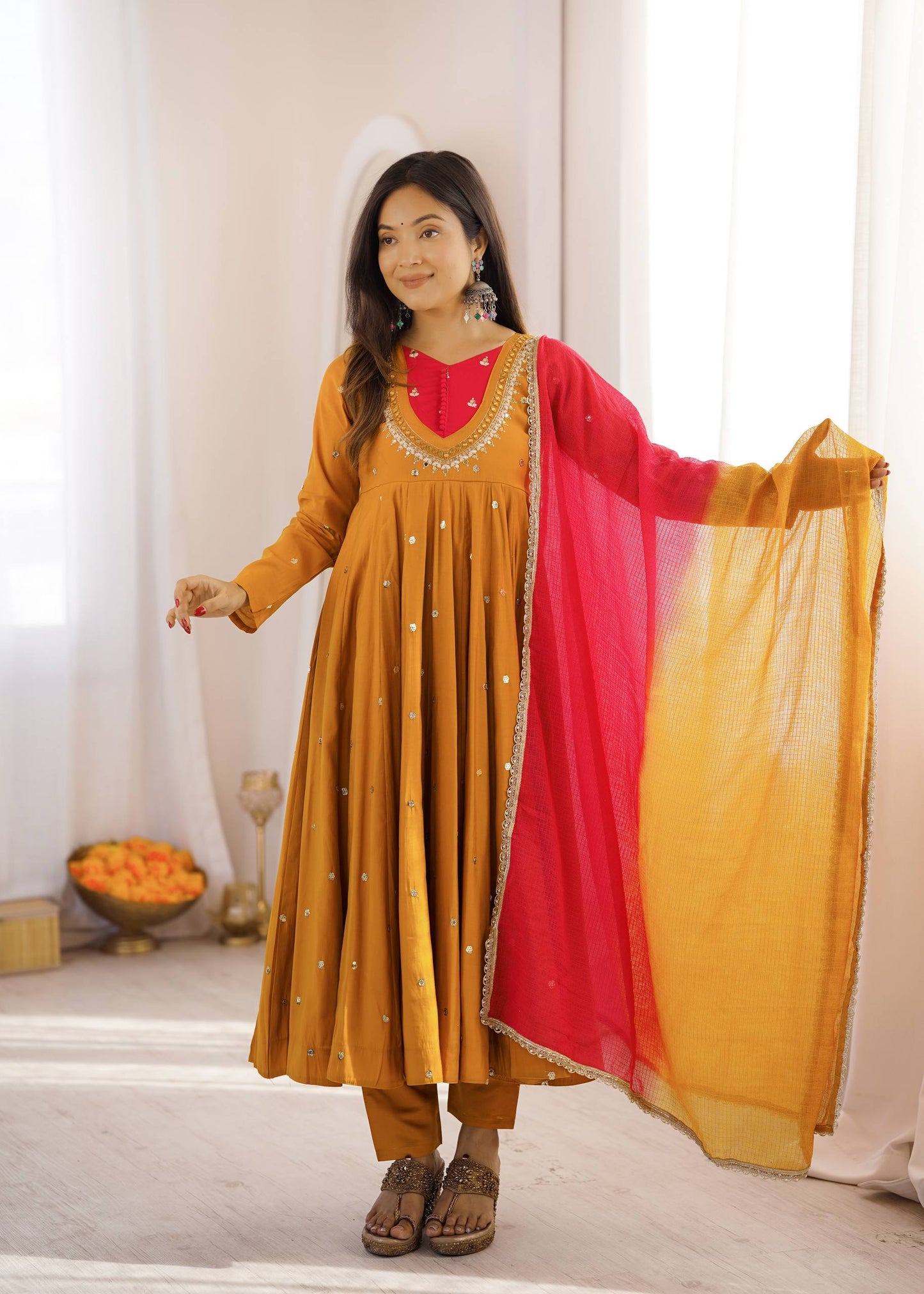 Roman Silk Embroidery Sequence & Real Mirror Work Gown