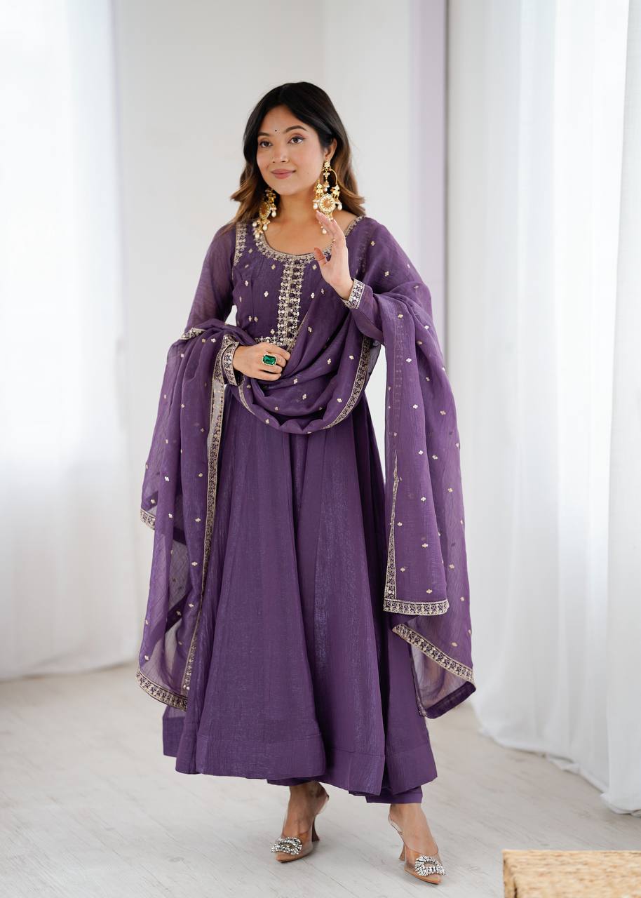 Womens Wear Crunchy Silk Purple Anarkali Gown