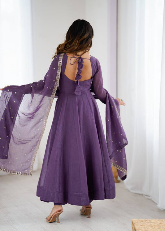 Womens Wear Crunchy Silk Purple Anarkali Gown