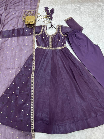 Womens Wear Crunchy Silk Purple Anarkali Gown