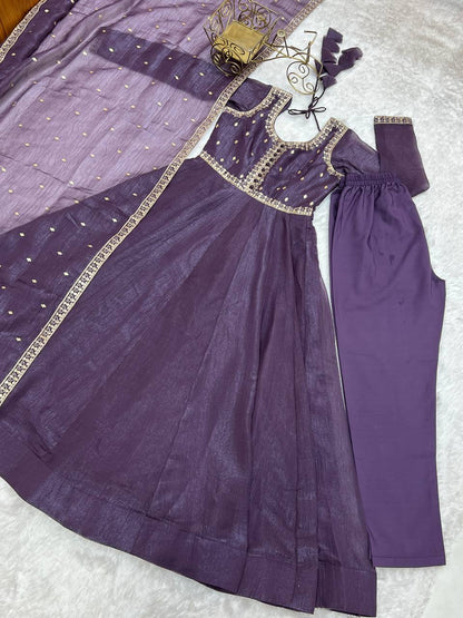 Womens Wear Crunchy Silk Purple Anarkali Gown