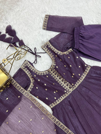 Womens Wear Crunchy Silk Purple Anarkali Gown
