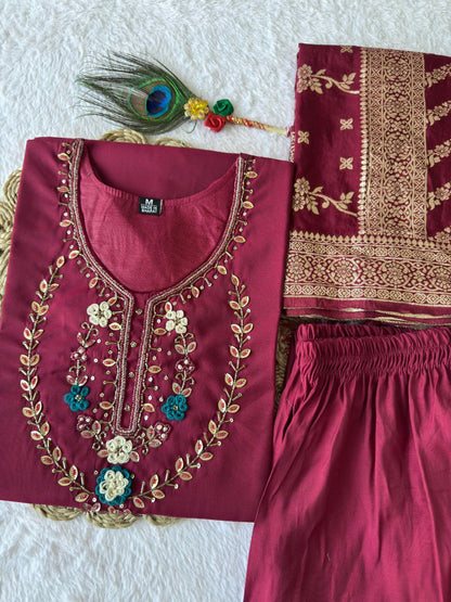 Sky Blue Color Premium Roman Silk Hand Work Kurti