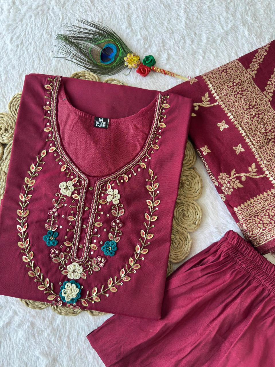 Sky Blue Color Premium Roman Silk Hand Work Kurti