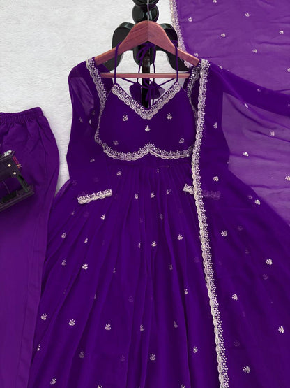 Red Color Foux Georgette Embroidery Work Gown