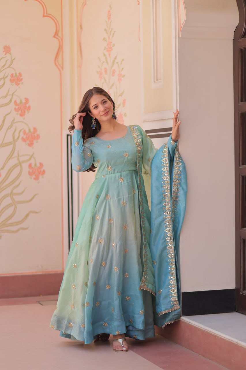 New & Fancy Look Organza Zari Work Gown