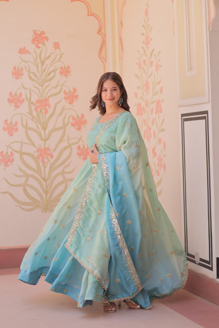 New & Fancy Look Organza Zari Work Gown